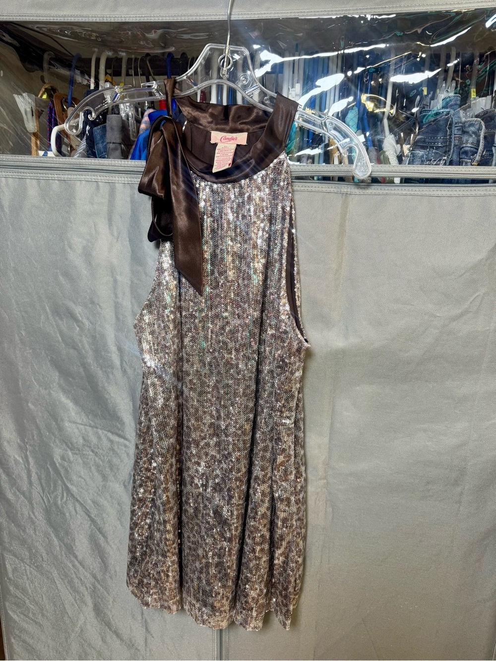 Vintage Candie's Brown Cheetah Sequin Tank with Brown Satin Trim- Size XL